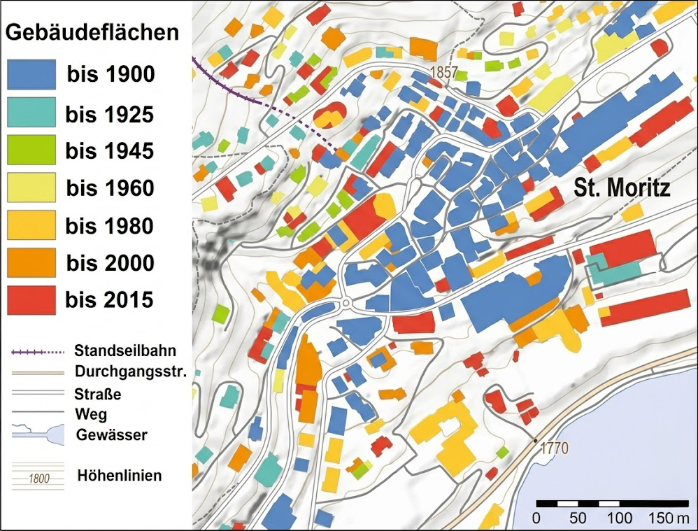 Farbenfrohe Karte von St. Moritz mit Gebäuden nach Baujahr, Legende, Straßen und Höhenlinien.